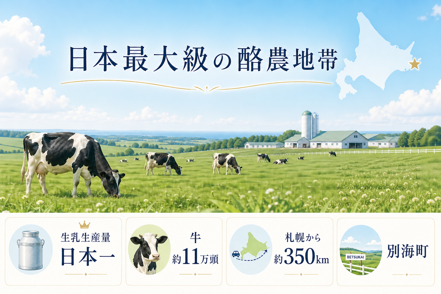 別海町が日本最大級の酪農地帯であることを示す明るいイラスト
